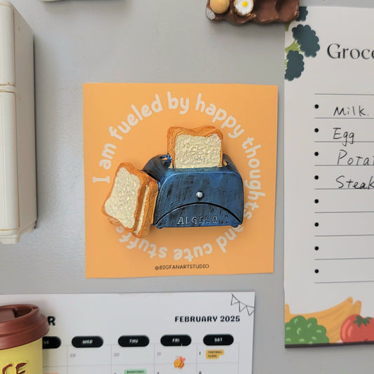 Toaster and milk magnets close-up showing detailed toaster slots and milk carton design
