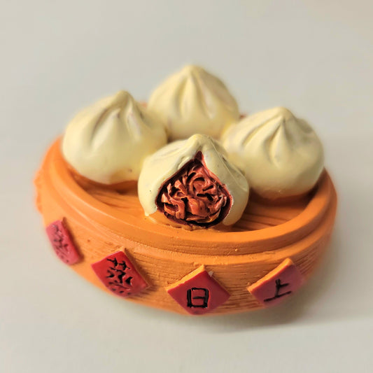 Baozi bamboo steamer magnet close-up showing detailed dumpling and traditional steamer basket design