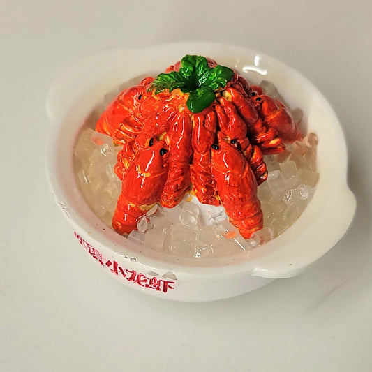 Crawfish bowl magnet close-up showing detailed crawfish, corn and authentic boil presentation