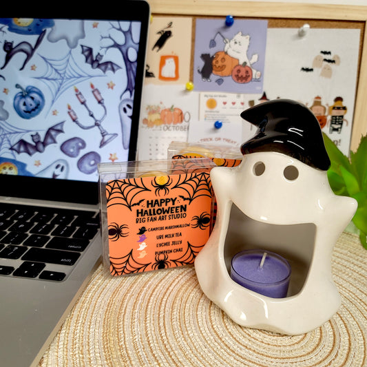 Ghost tealight set close-up showing detailed faces and eerie Halloween character appearance