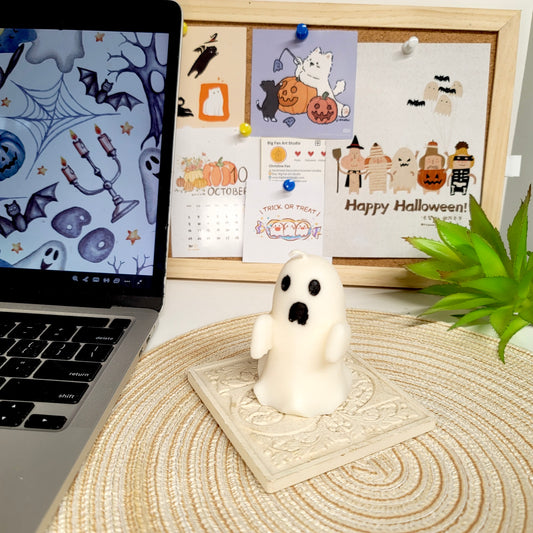 Colorful haunted ghost candles showing Pumpkin Chai, Boba Tea and Lychee Jelly scent options