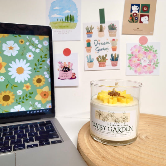 Yellow daisy candle close-up showing detailed petals and sunny spring flower appearance