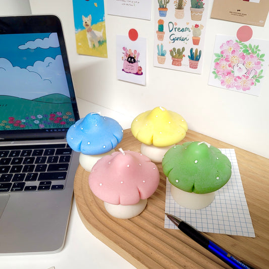 Mushroom candle close-up showing intricate texture and natural woodland design details