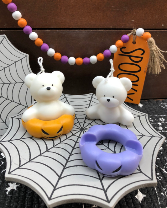 Halloween bear and pumpkin candle set in orange, purple or white with unique scents
