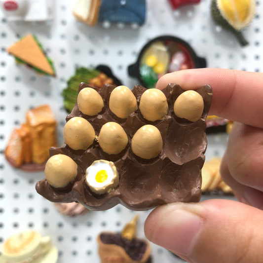 Egg tray magnet close-up showing detailed egg carton and authentic breakfast theme
