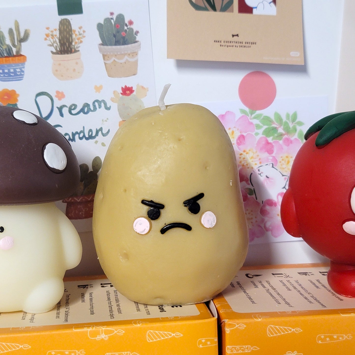 Potato buddy candle lifestyle shot, whimsical home decor accent