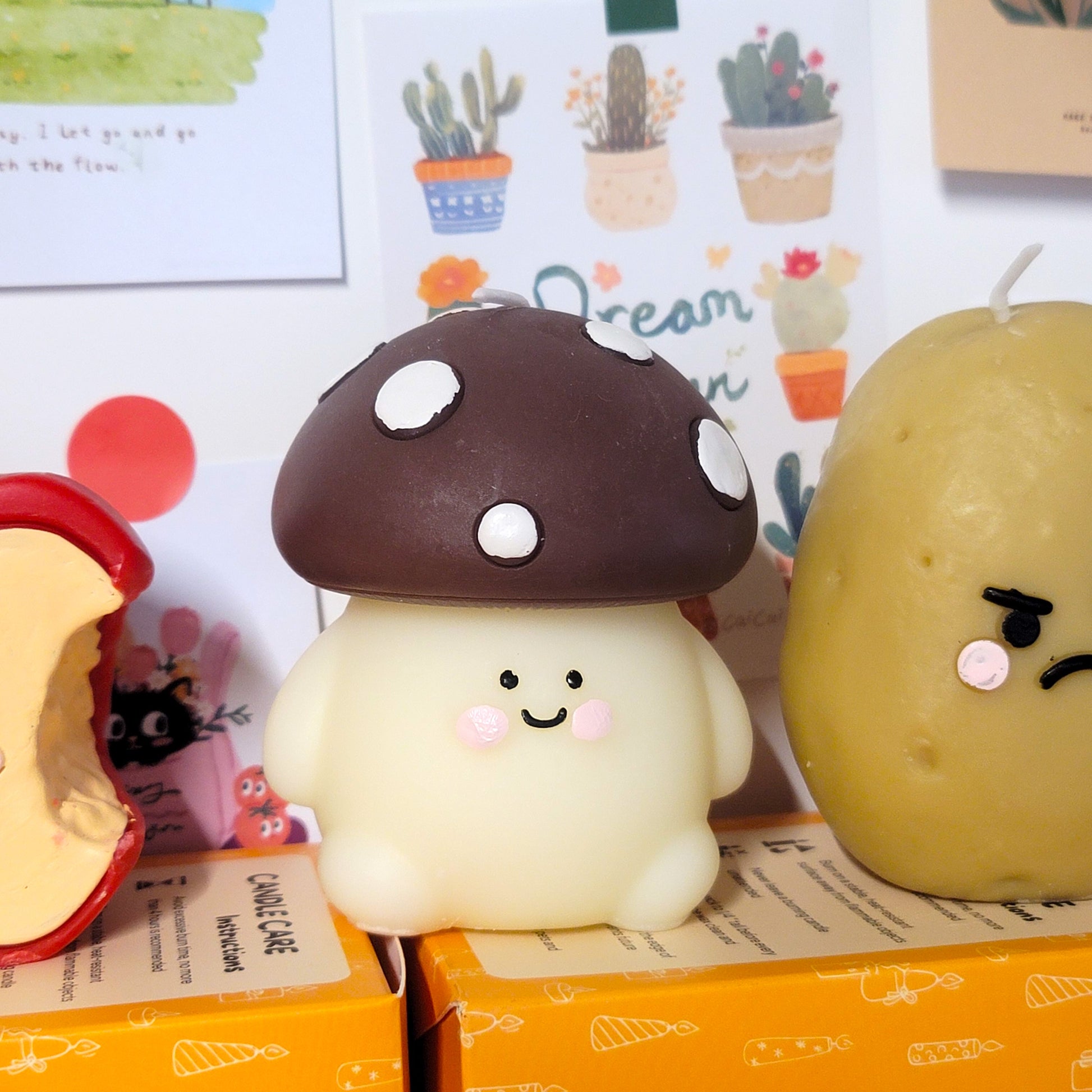 Sculptural mushroom buddy candle showing personality and charm, unique art piece