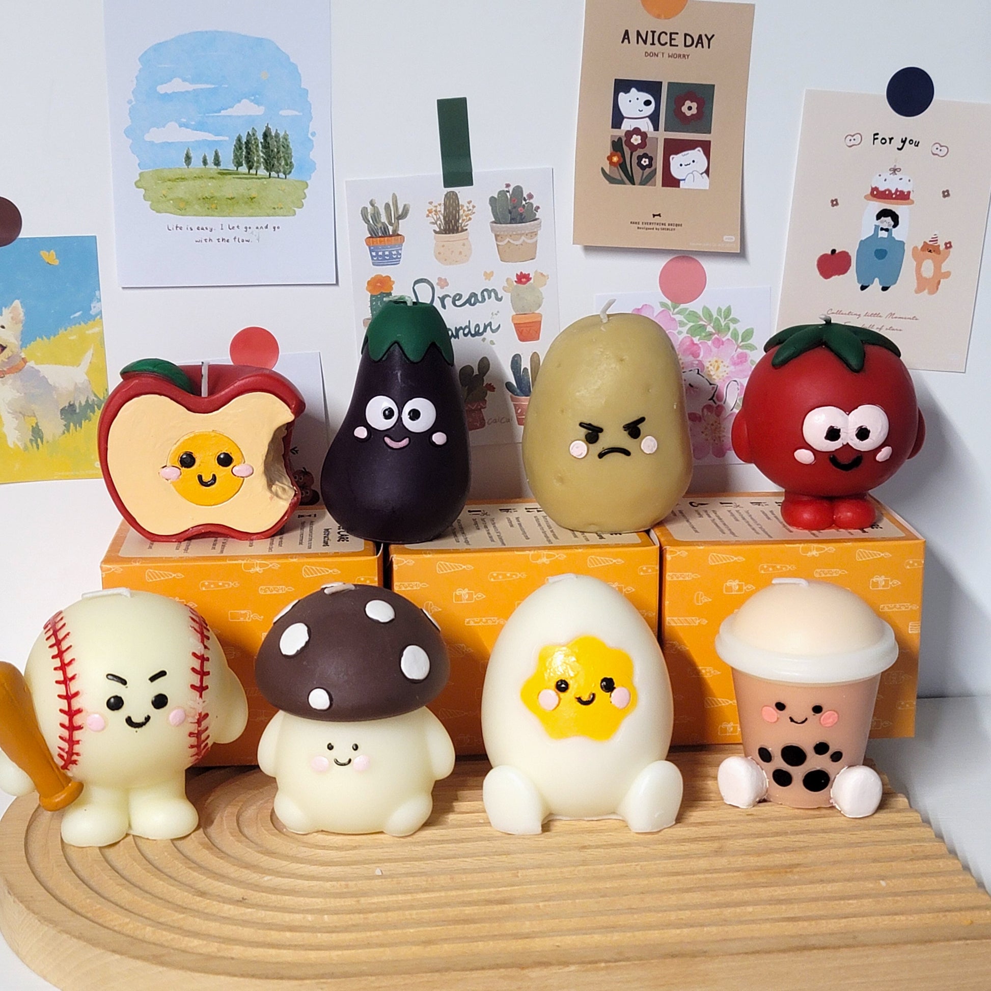 Boba tea buddy candle collection display with multiple adorable decorative wax art pieces