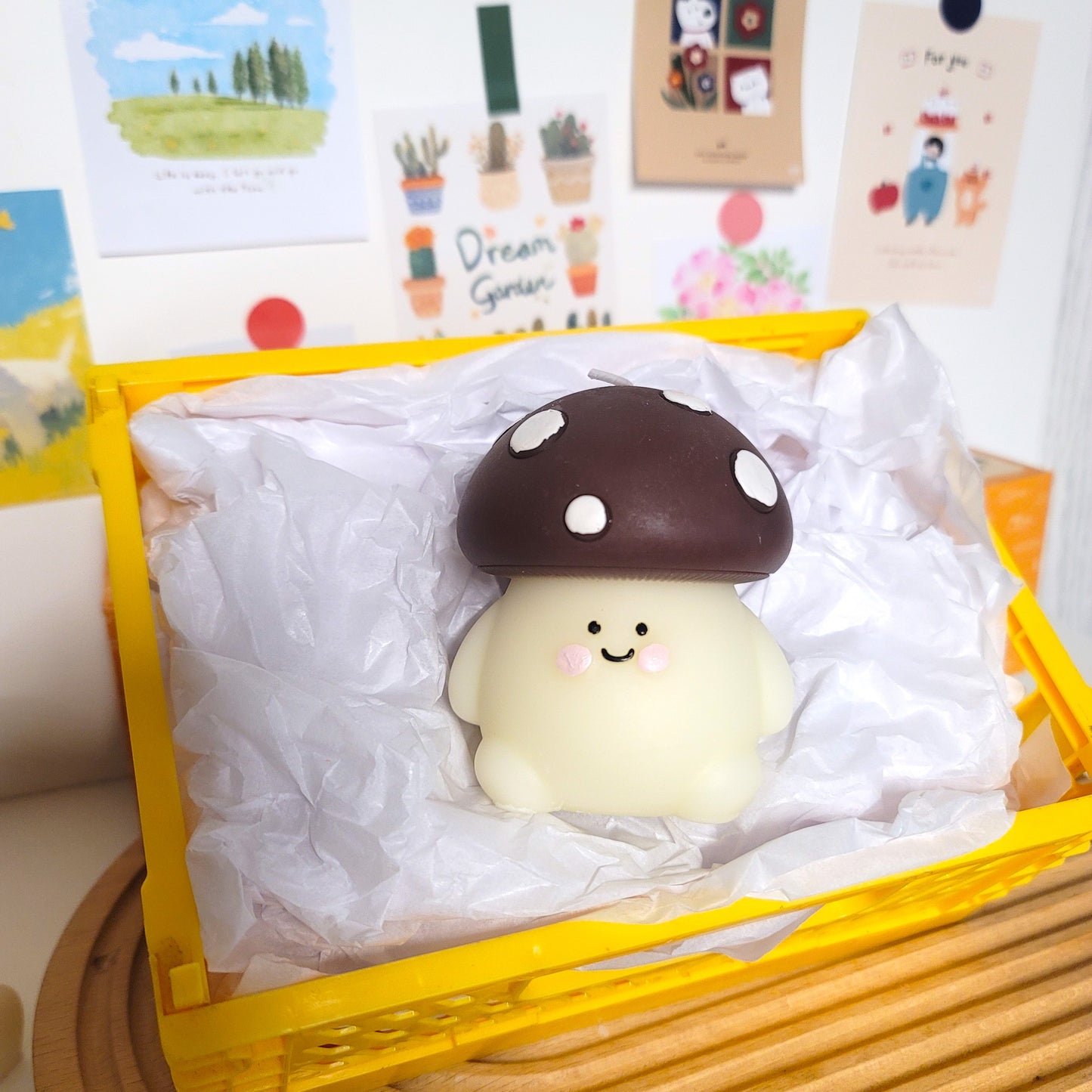 Mushroom buddy candle lifestyle shot, cottagecore woodland decor for nature lovers