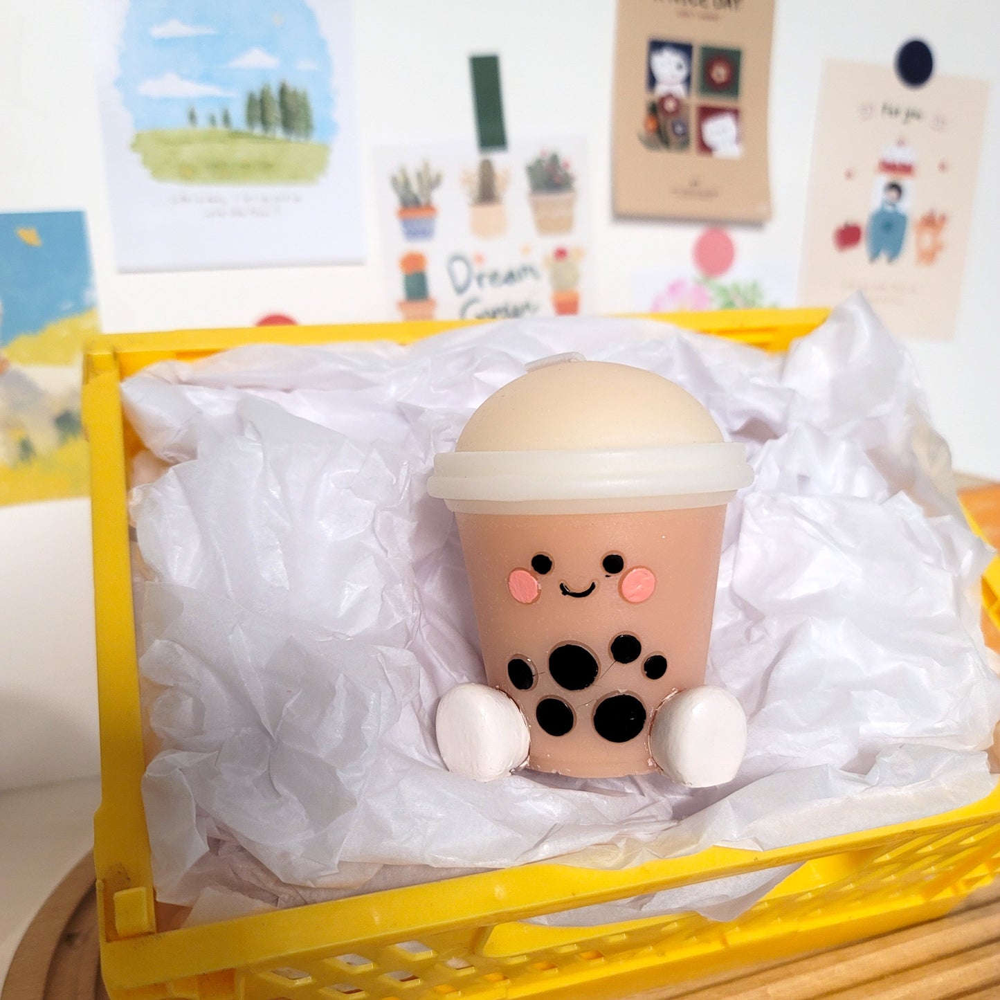 Handcrafted boba tea buddy candle, playful cute-themed decorative wax art piece