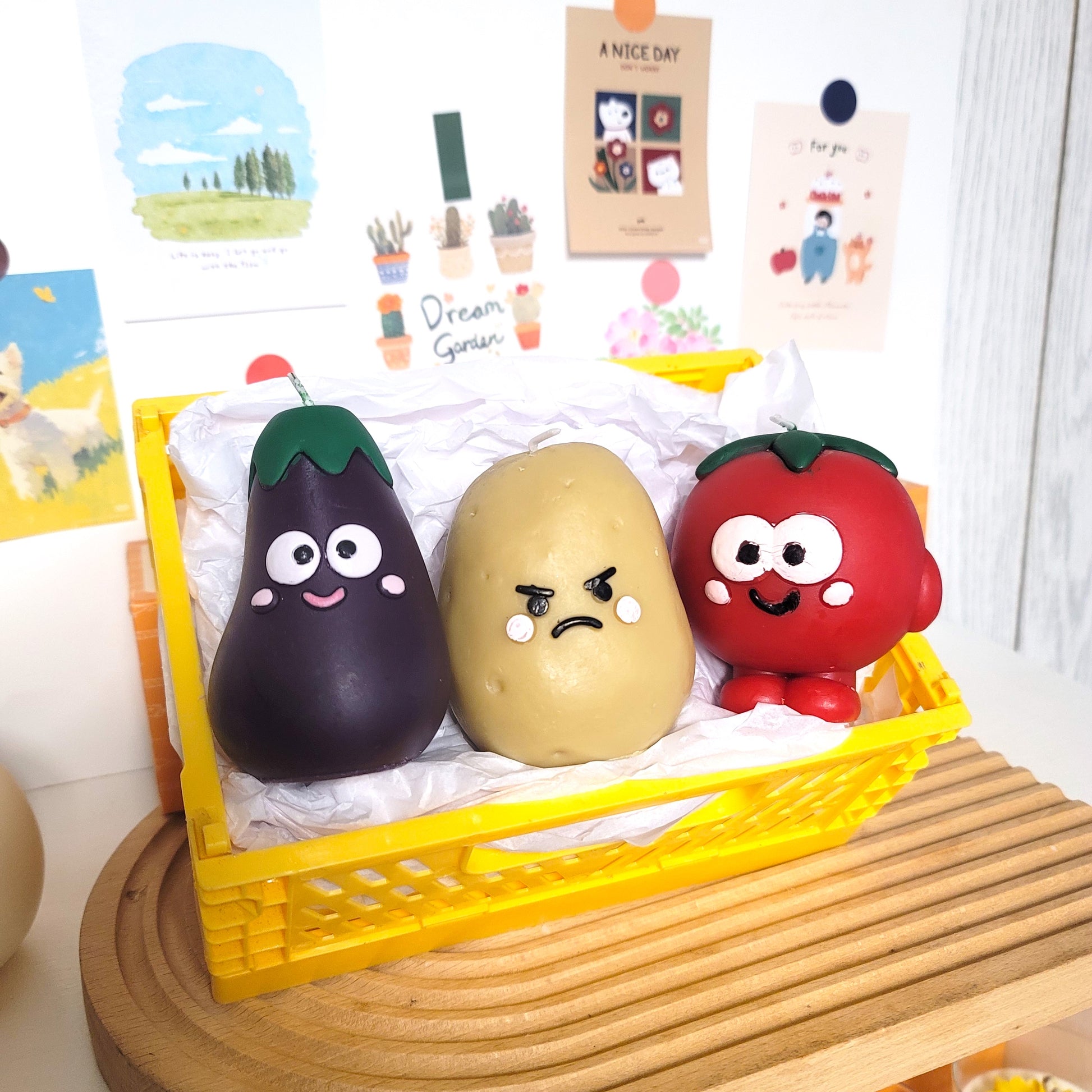 Potato buddy candle with cute buddy friends, adorable character candle group display