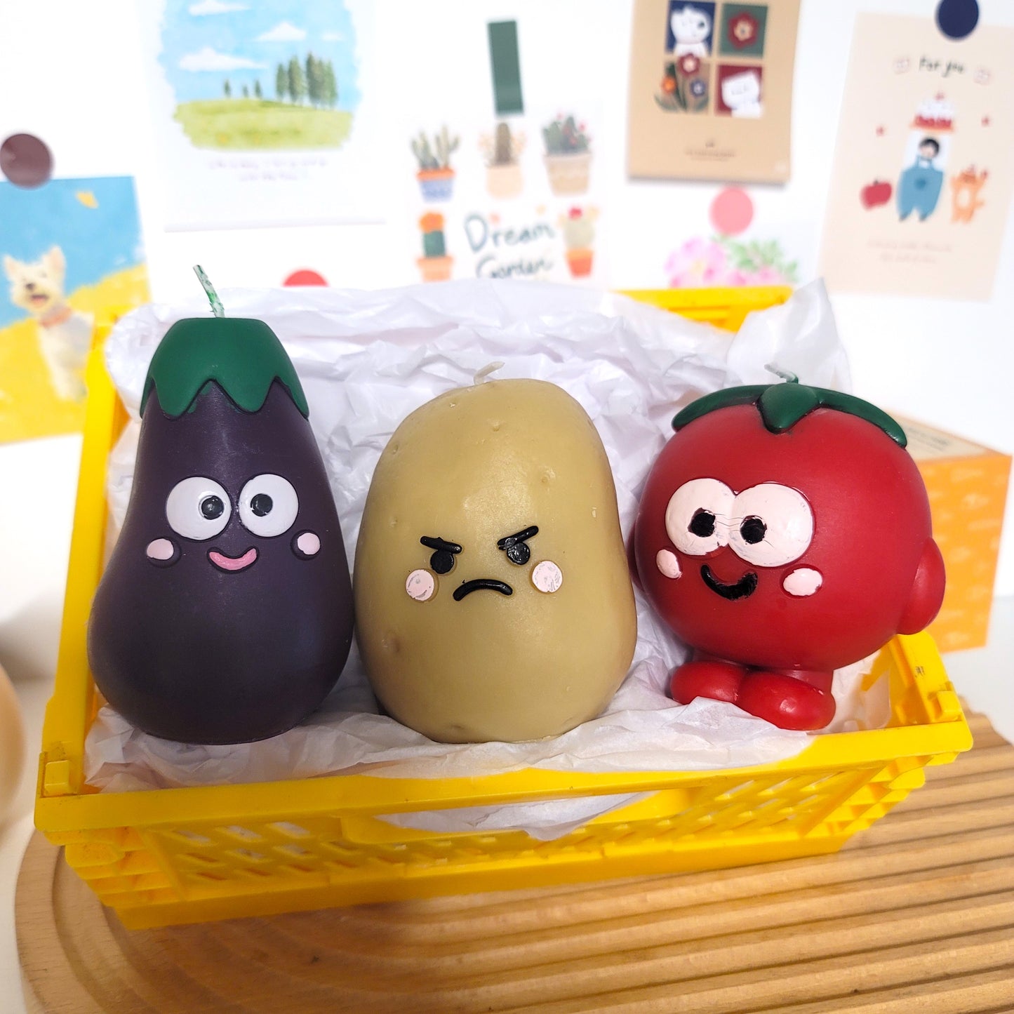 Tomato buddy candle with cute buddy friends, adorable character candle group display