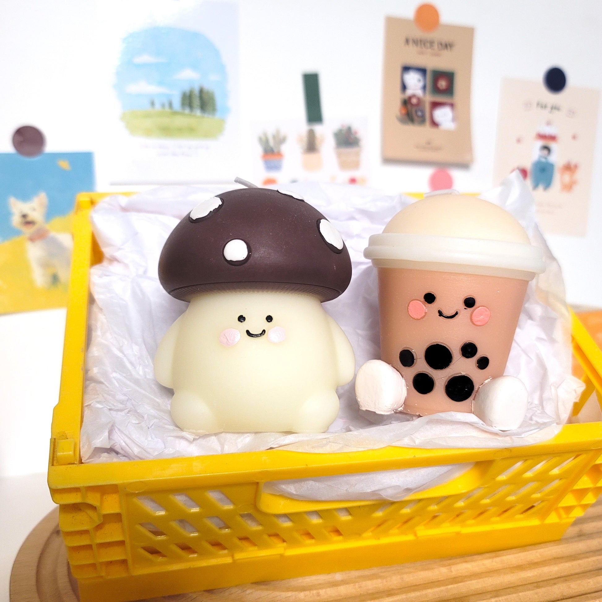 Mushroom buddy candle close-up showing adorable expression and detailed cap texture