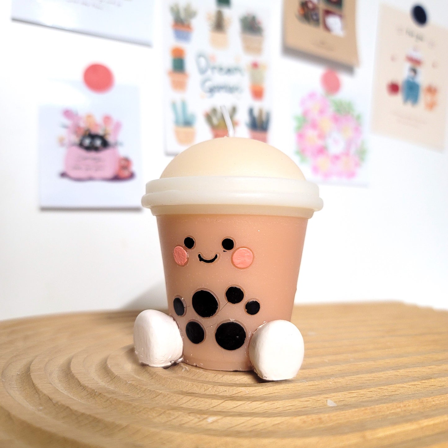 Boba tea buddy candle with adorable smiling design, cute beverage character sculptural soy wax decor