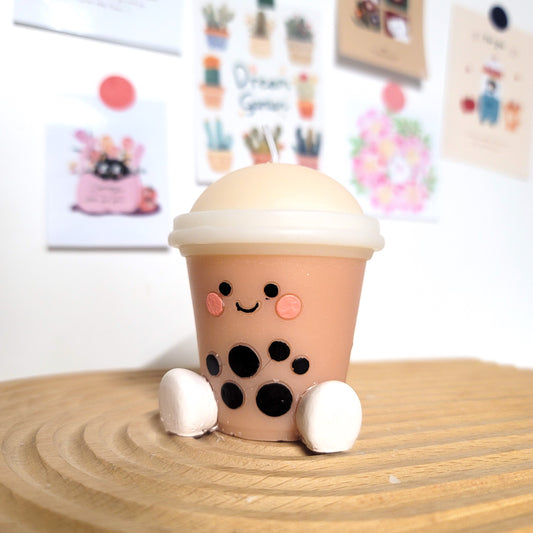 Boba tea buddy candle with adorable smiling design, cute beverage character sculptural soy wax decor
