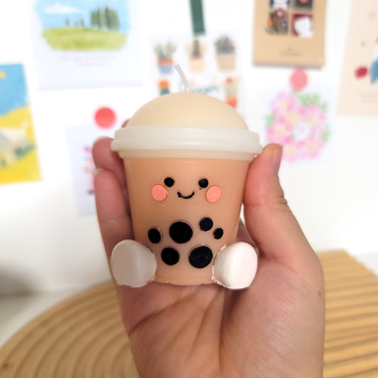 Boba tea buddy candle close-up showing sweet face and charming kawaii bubble tea appearance
