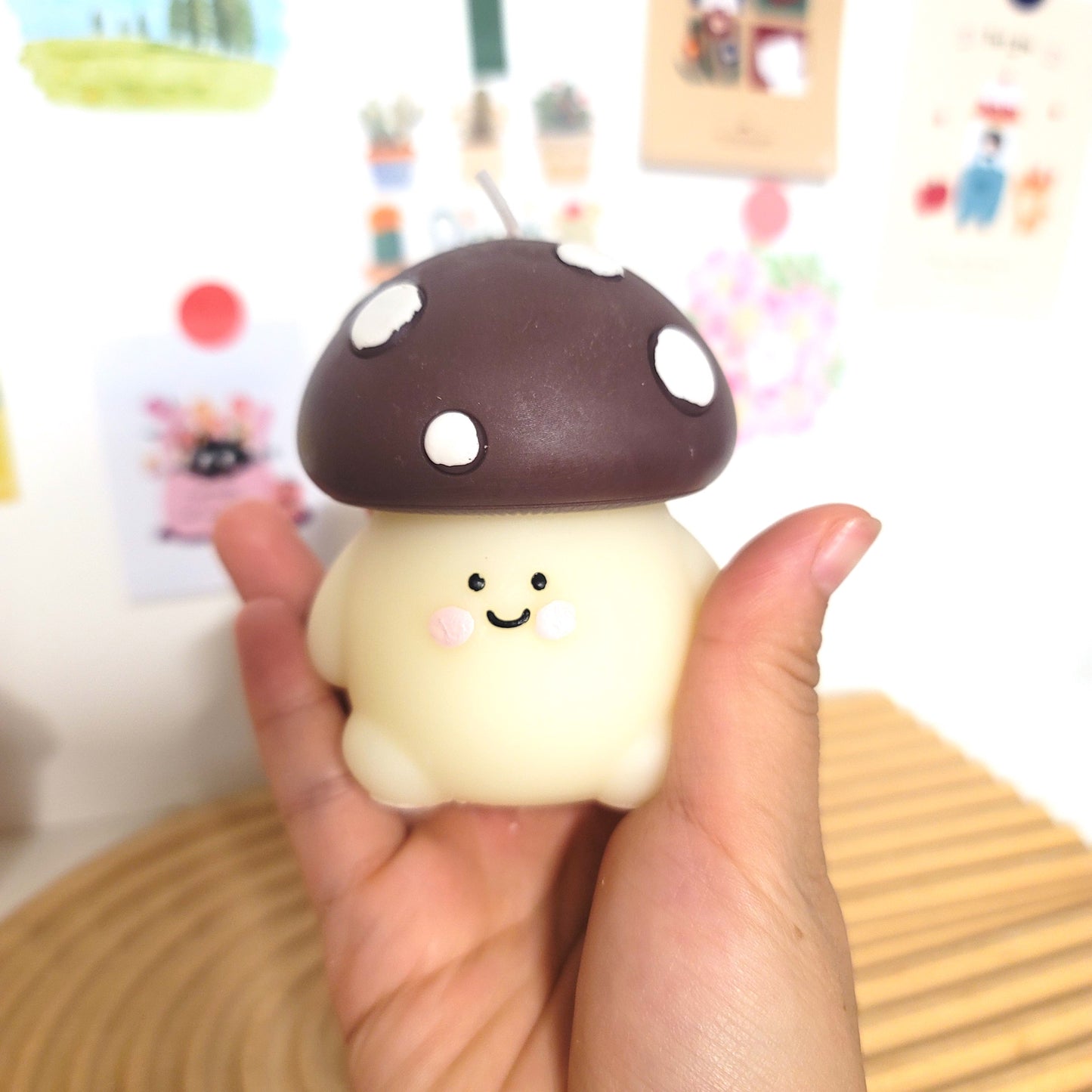 Handcrafted mushroom buddy candle, kawaii forest character soy wax sculpture