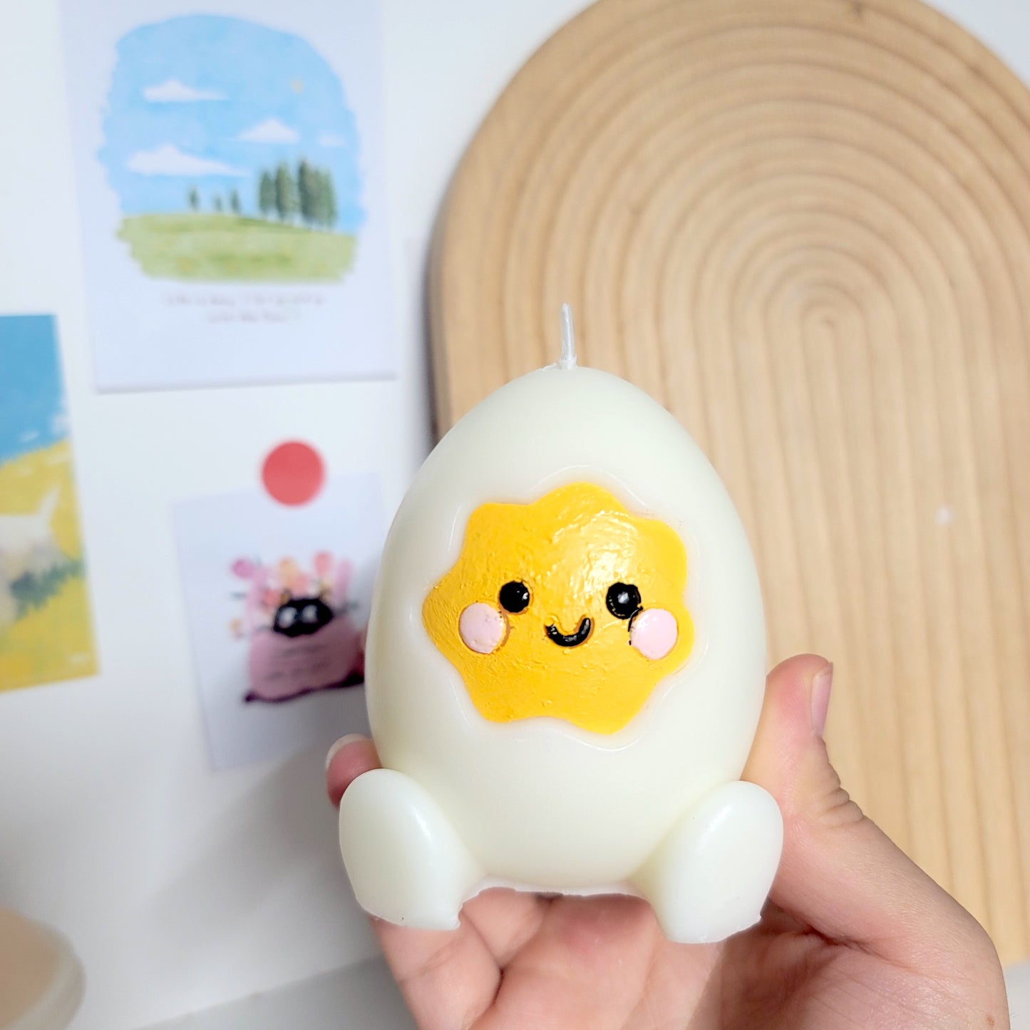 Egg buddy candle close-up showing sweet face and charming kawaii appearance