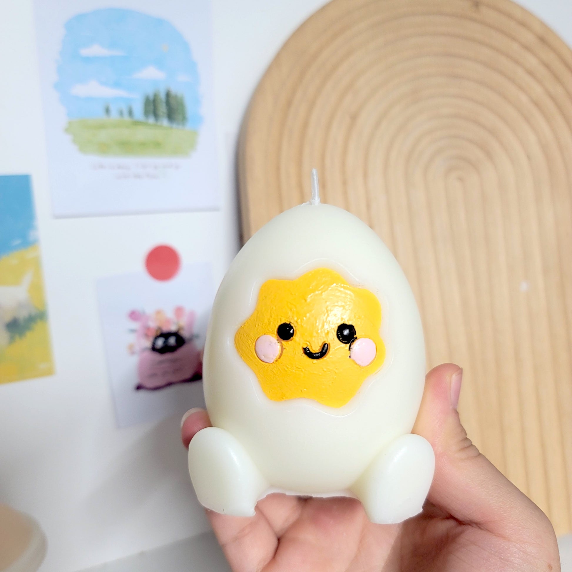 Egg buddy candle close-up showing sweet face and charming kawaii appearance