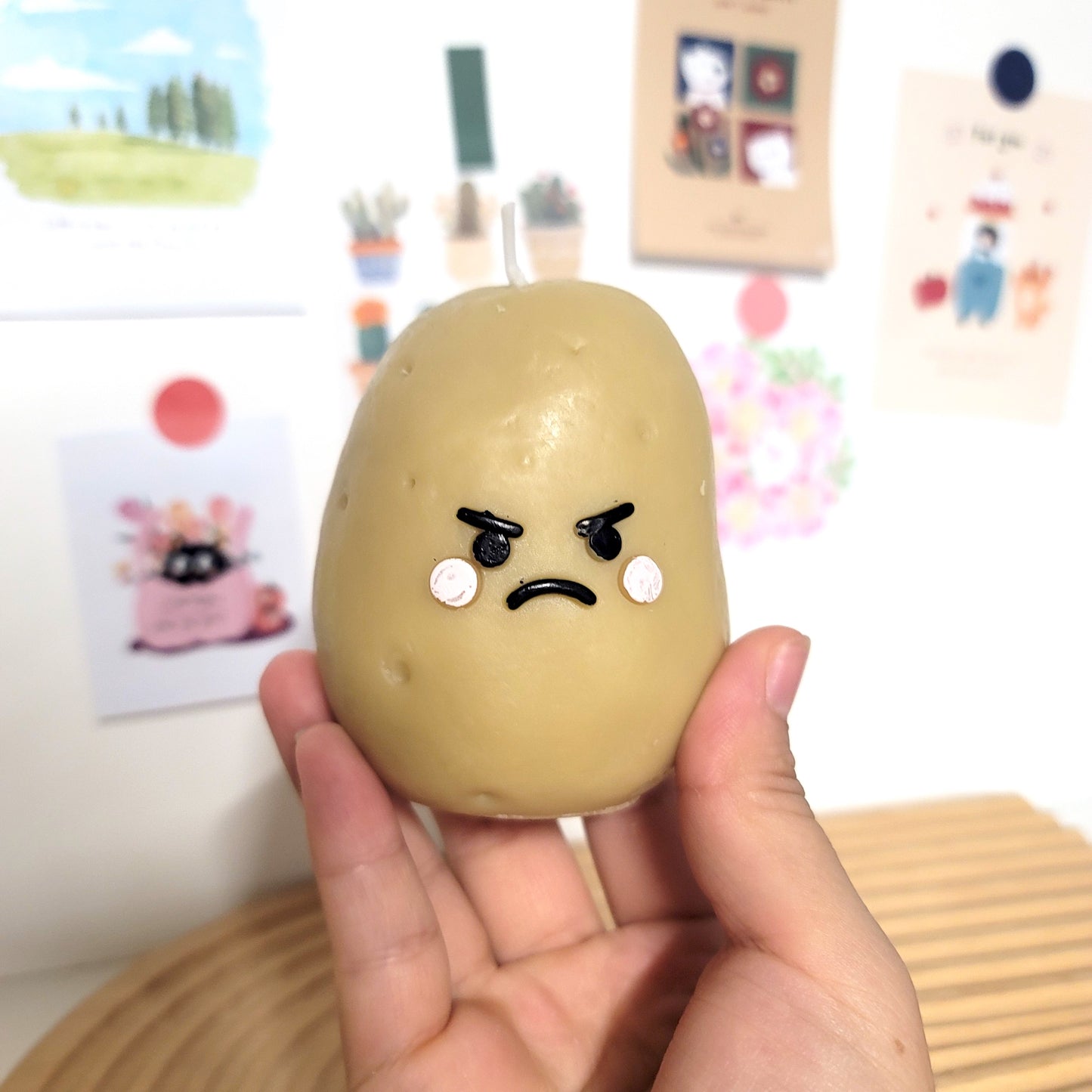 Potato buddy candle with adorable smiling design, cute character sculptural soy wax decor