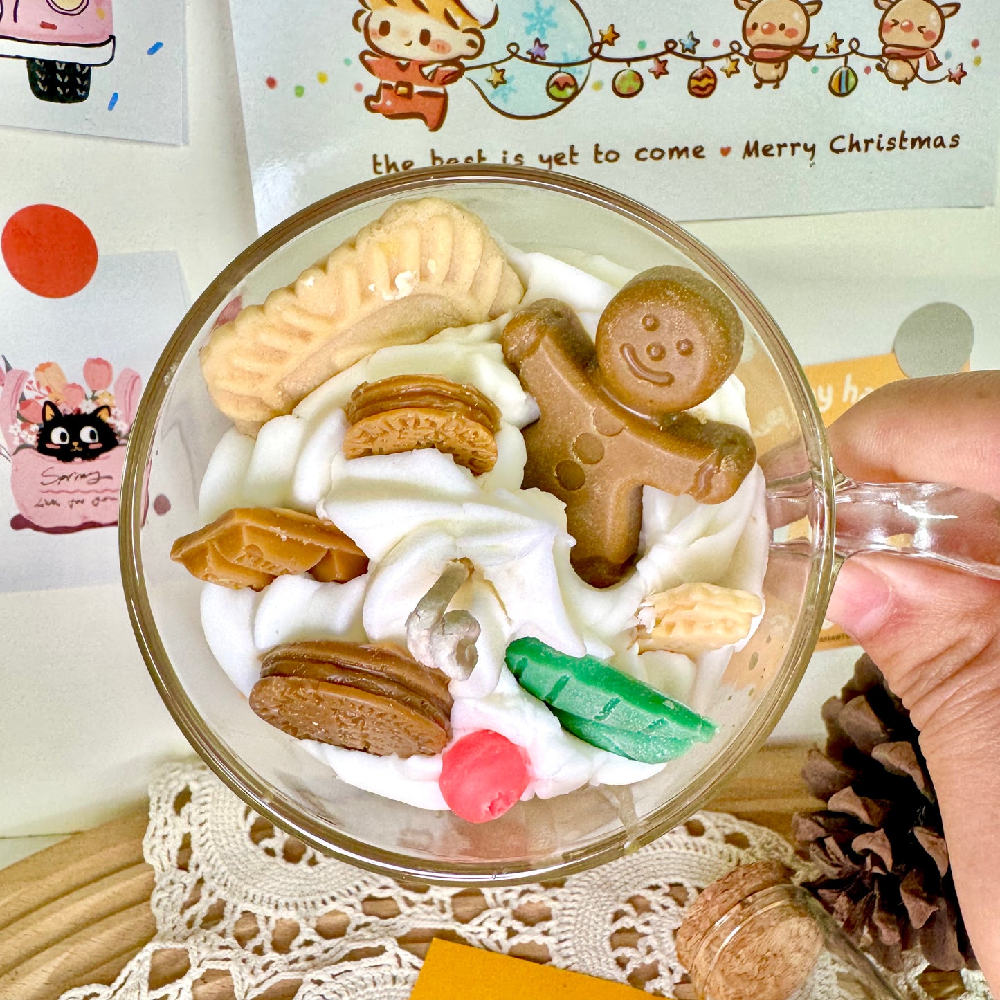 Hot cocoa scented candle size comparison, showing dimensions and scale